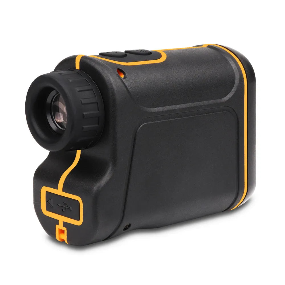 Handheld golf laser rangefinder showing compact 104x76.5x41mm design with distance measurement display