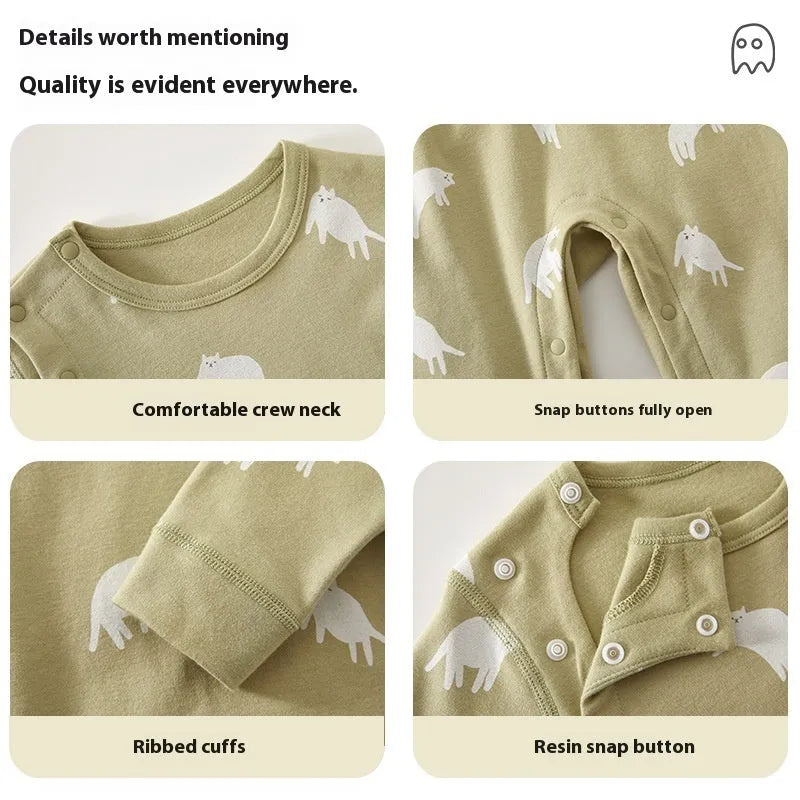 Pure cotton baby jumpsuit long sleeve boneless neutral unisex in apricot cat colour, 66cm to 90cm.