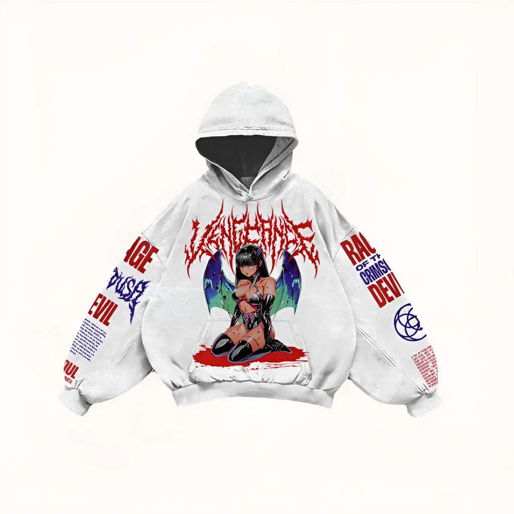 Men's printed hooded loose retro sweatshirt in black with long sleeves and pullover style