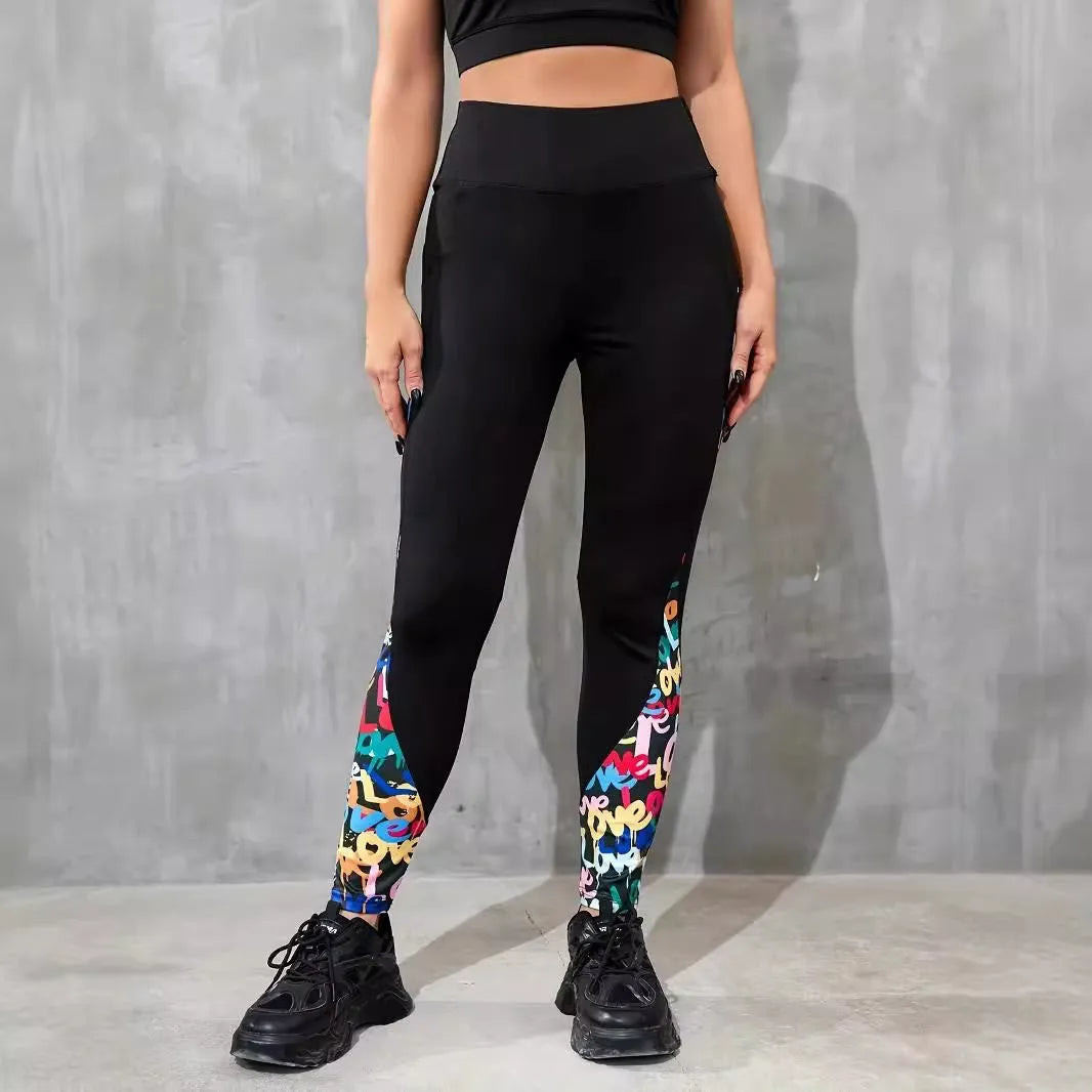 High waist tight sports yoga pants polyester cropped leggings with pocket, black ribbon colour options