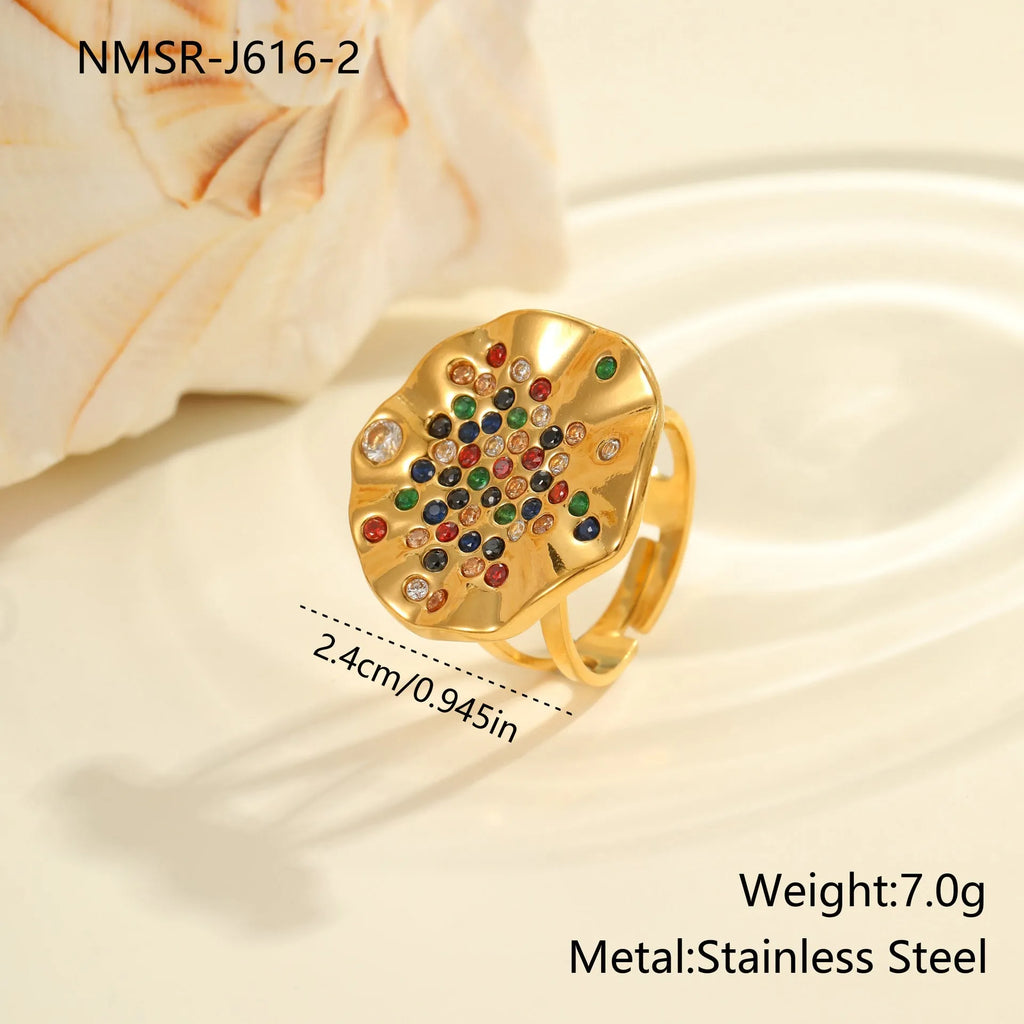 Geometric pleated titanium steel ring with colour diamond inlays and adjustable open mouth design