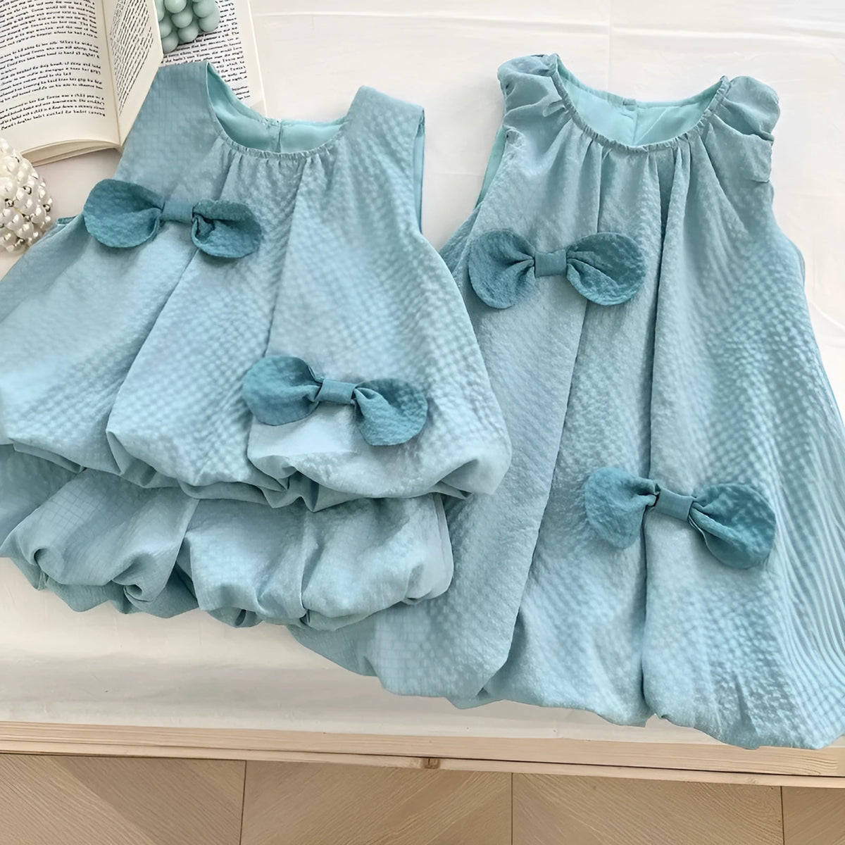 Girls' bowknot sleeveless top and bud-shaped pants two-piece suit in blue green, polyester fabric, summer outfit
