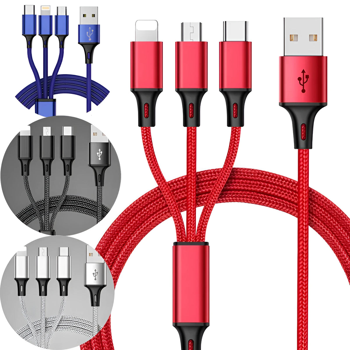 Braided 3-in-1 universal charging cable with aluminium alloy connectors for iPhone Android and Type-C devices
