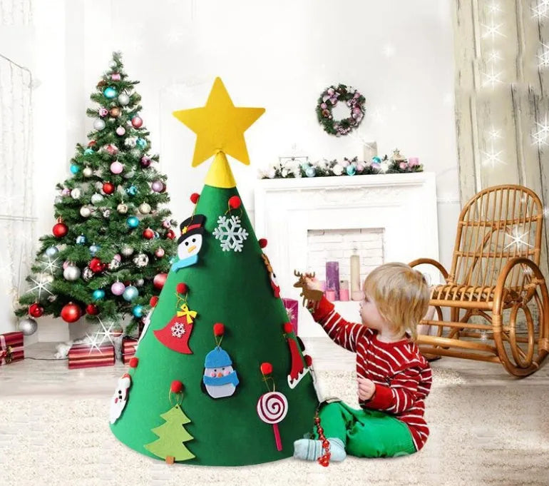 Felt Christmas tree three-dimensional craft set 50x60cm with felt ball ornaments on a white background
