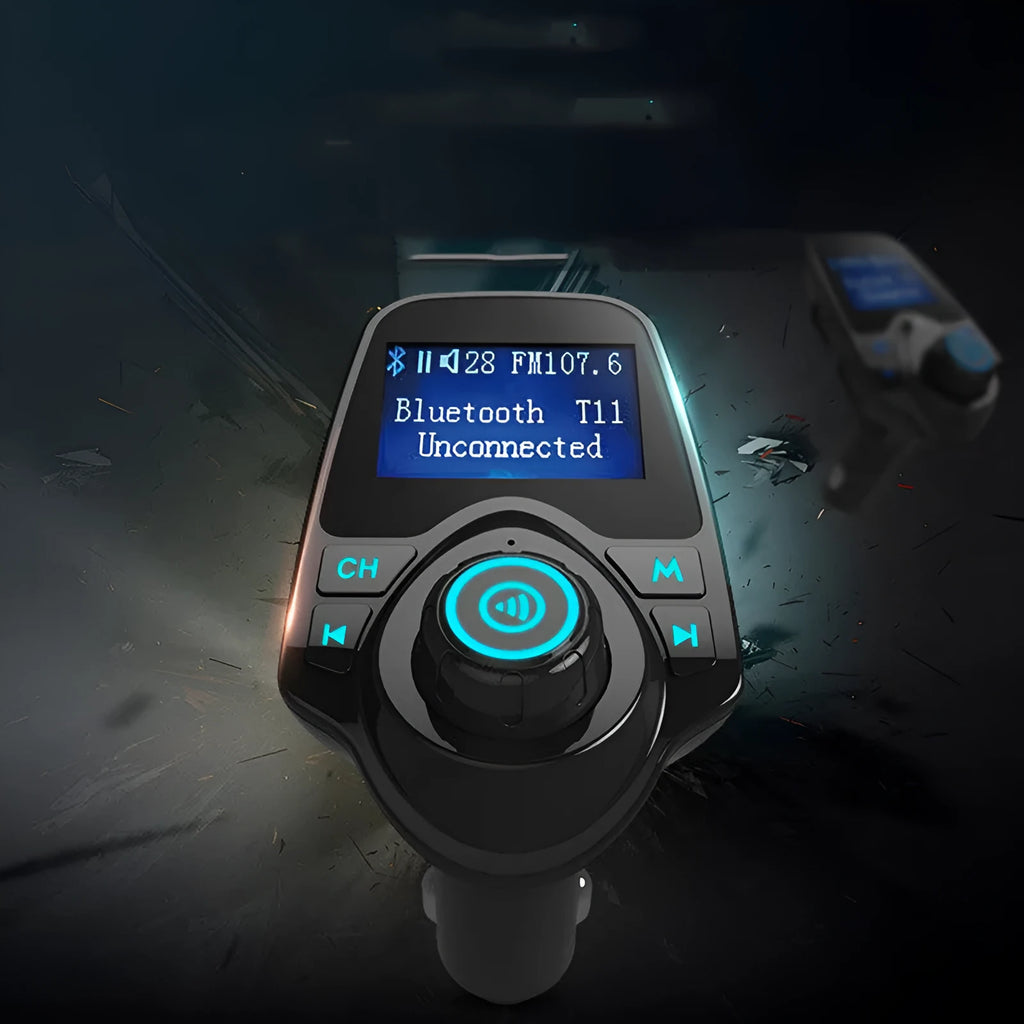 Black G7 Bluetooth car FM transmitter and hands-free kit plugged into a car's 12V socket.