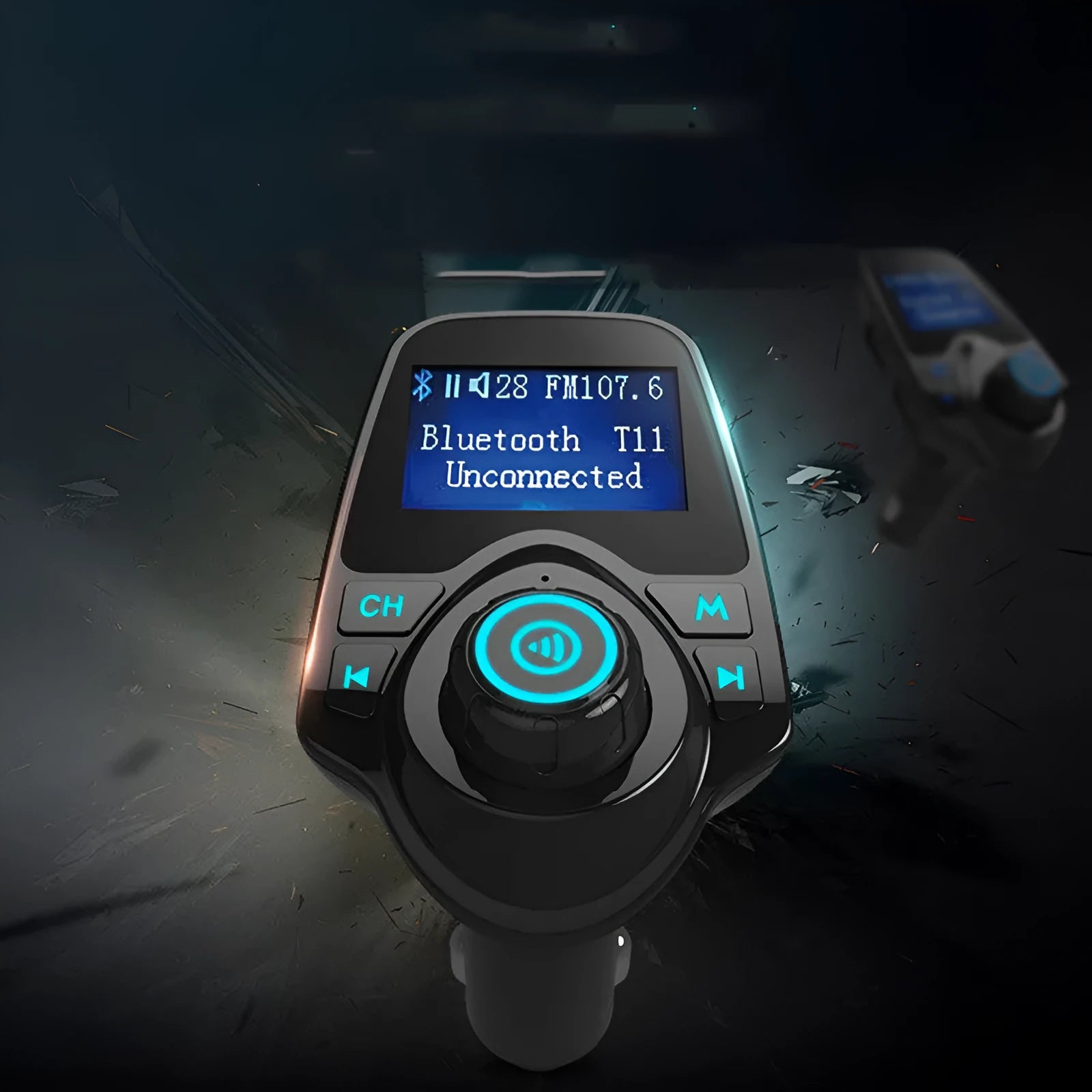 Black G7 Bluetooth car FM transmitter and hands-free kit plugged into a car's 12V socket.