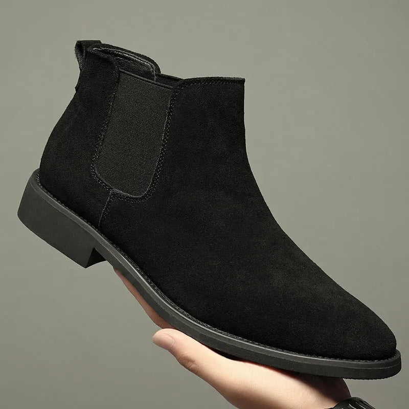 Men's pointed suede short Martin boots in brown, cowhide upper, pigskin lining, low heel