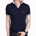 Men's lapel short sleeve T-shirt in 100% combed cotton with geometric collage splicing, Blue or Grey, sizes M to 5XL