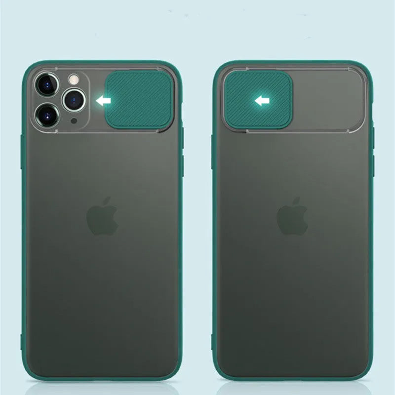 A lens sliding phone case for iPhone showing colour options: Black, Green, Pink, Purple, and Red.