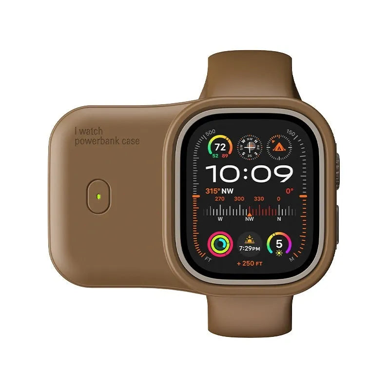 Portable Apple Watch charging case power bank with silicone sleeve in brown, blue, and starlight colours