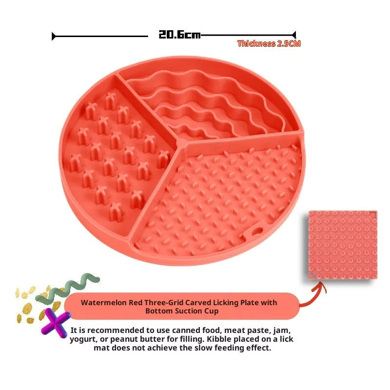Silicone dog slow feeder bowl with three-compartment Ding Ding plate, 21cm diameter, in coral red or yellow.