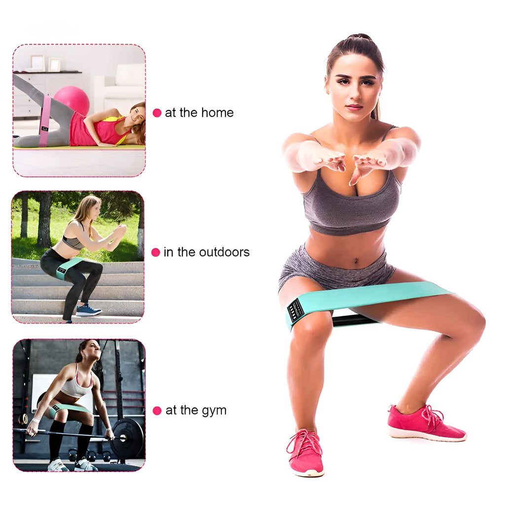 Squat resistance band hip ring in green, pink, or purple, made from latex silk and polyester webbing