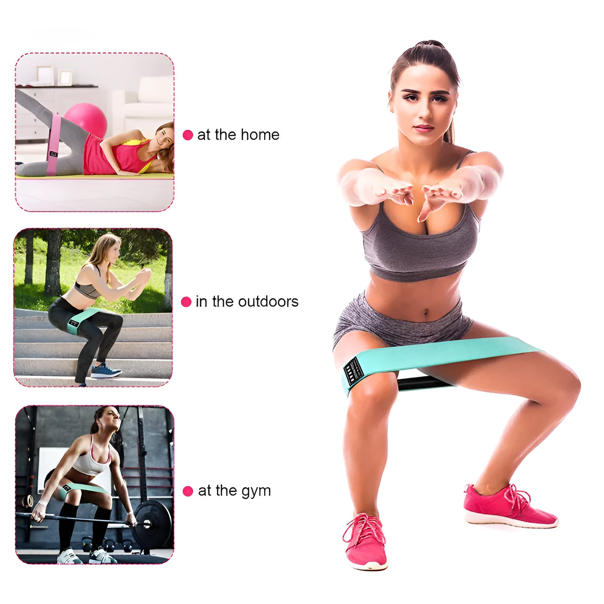 Squat resistance band hip ring in green, pink, or purple, made from latex silk and polyester webbing