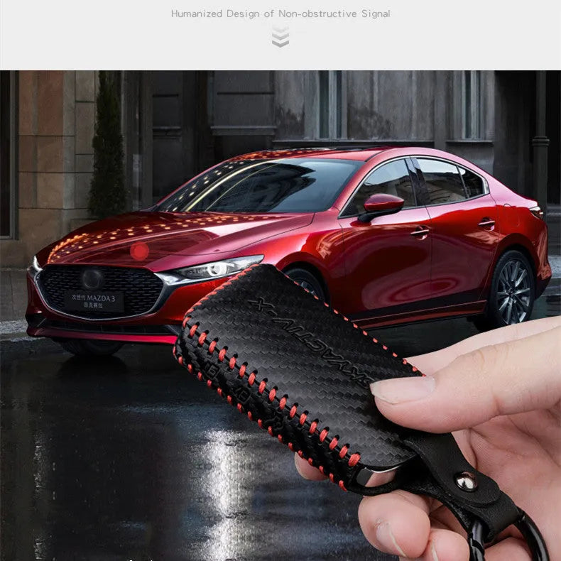 Black cow leather car key case for Angkersaila with 3D carbon fibre pattern and red line option