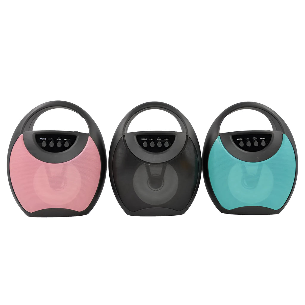 Portable Bluetooth speaker in black, blue or pink with USB port for charging