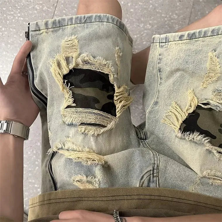 Men's yellow ripped camouflage denim shorts with straight leg Korean style