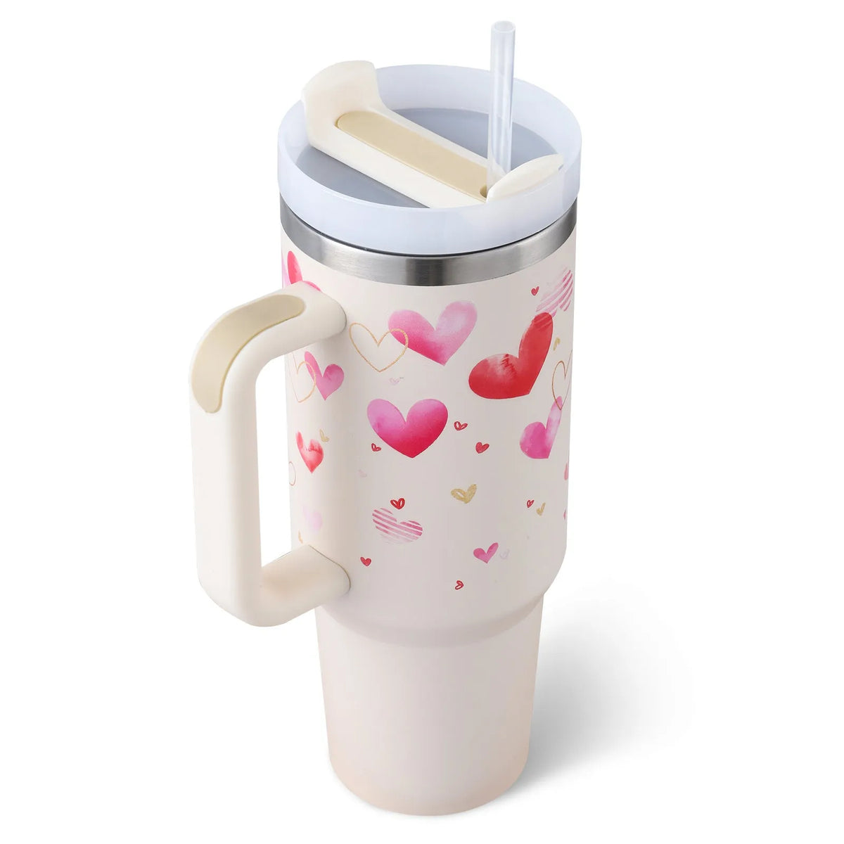 40 oz insulated stainless steel tumbler with handle straw and spill proof lid in a tapered design for car or gym use