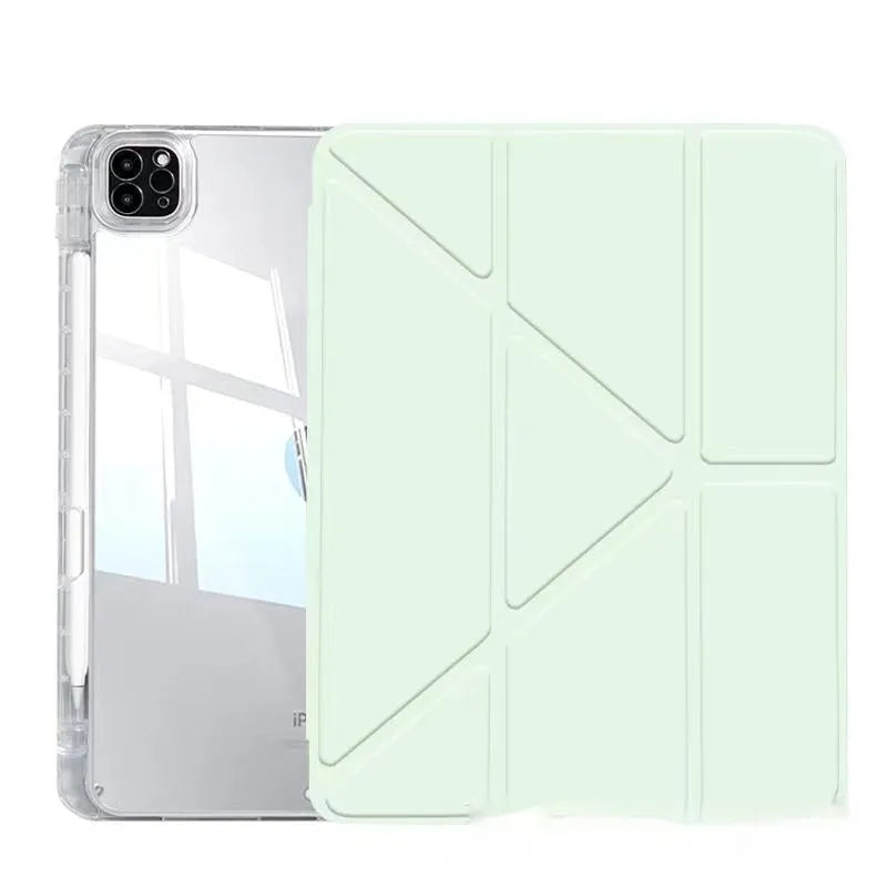 Clear acrylic iPad protective cover with a folding stand, shown in multiple colour options.
