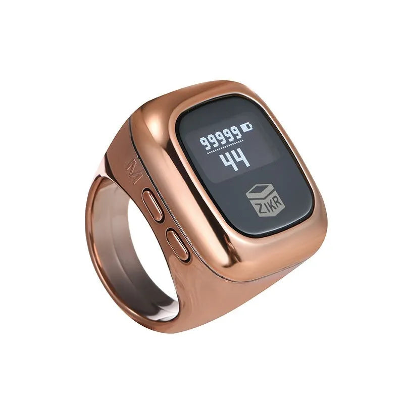 Al-Fatiha electronic zikr counter with digital display on a wrist, shown in rose gold colour with a 20mm band.