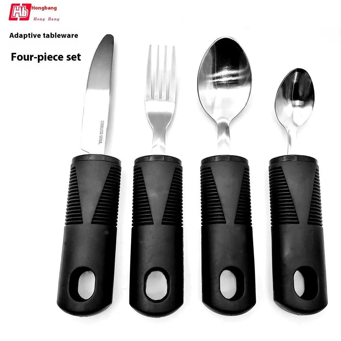 Anti-shake adaptive tableware set with stainless steel utensils and rubber handle grips