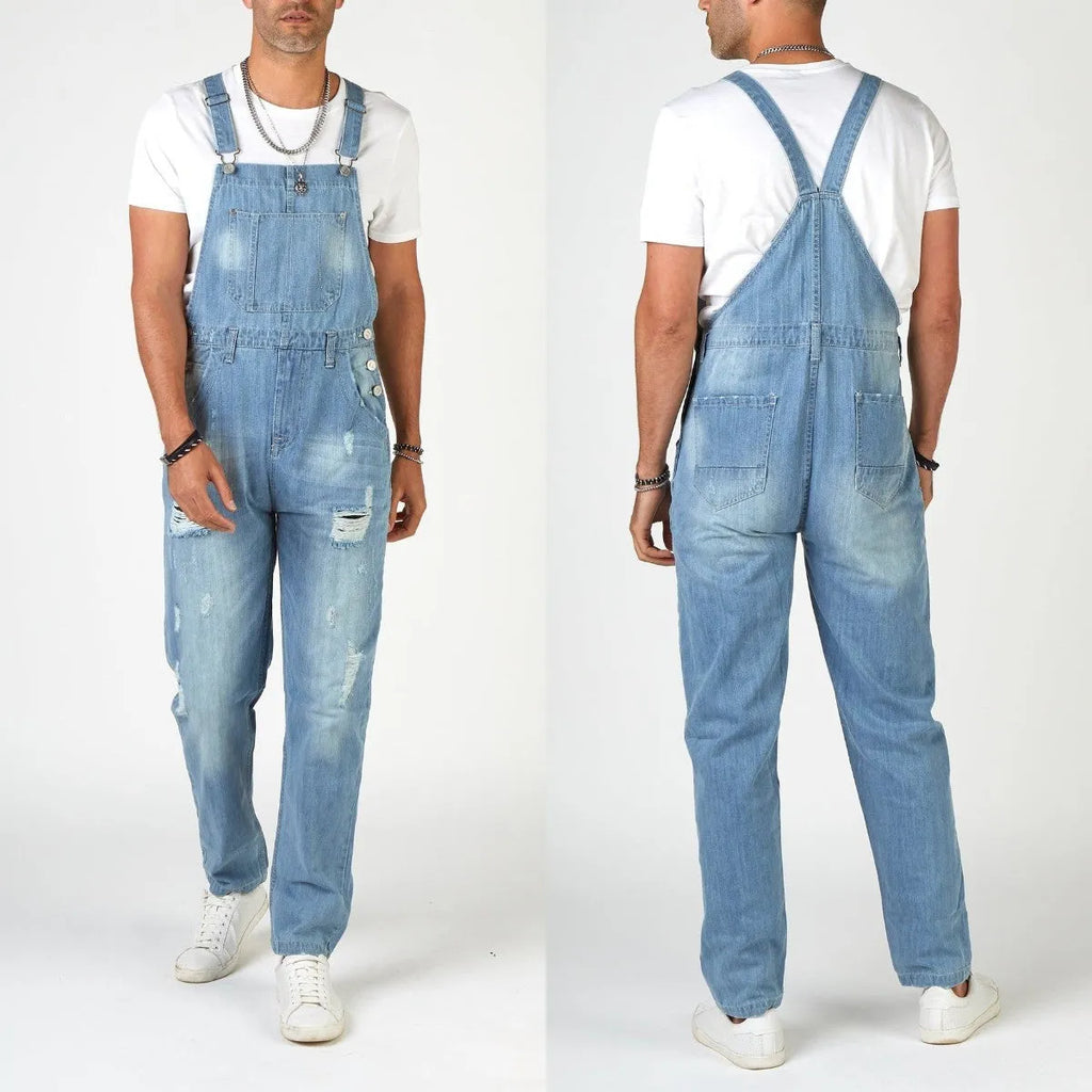 Men's light blue ripped suspender trousers with button-fastened straight legs and high-waist design