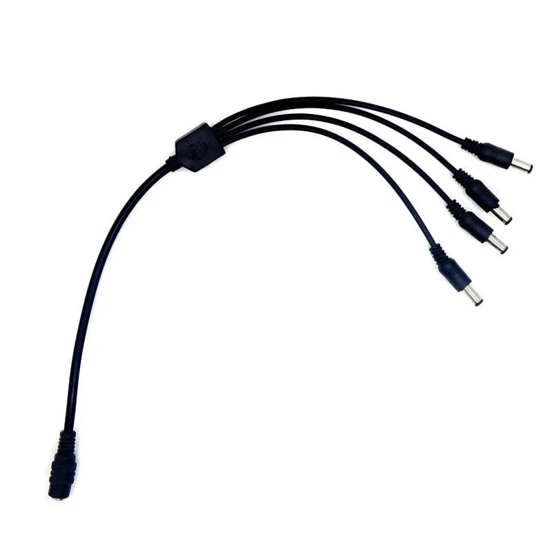 Black DC monitoring power cord with one input and four output connectors for security cameras