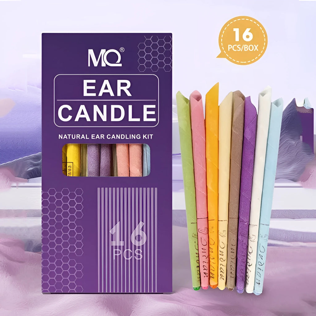 MQ Horn ear candle kit showing 16 candles, 8 protection boards, and 16 cotton swabs in assorted colours.