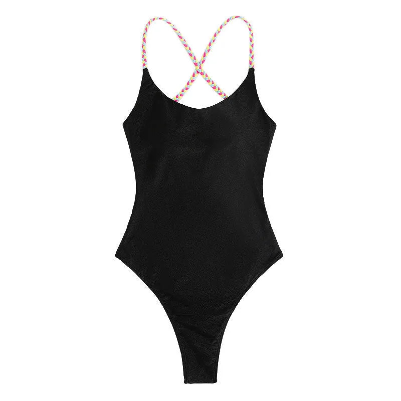 Black backless one-piece swimsuit with sleeveless design, made from nylon fabric