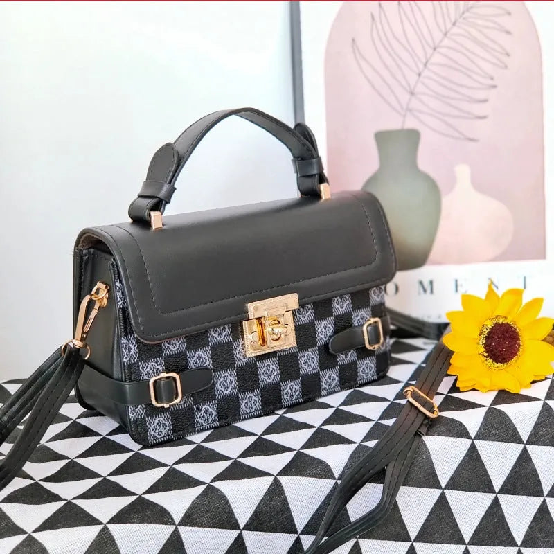 Retro small square pattern crossbody bag in structured PU leather with internal file bag organisation