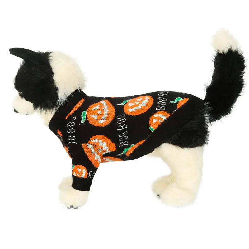 Black dog sweater with orange Halloween pumpkin pattern design