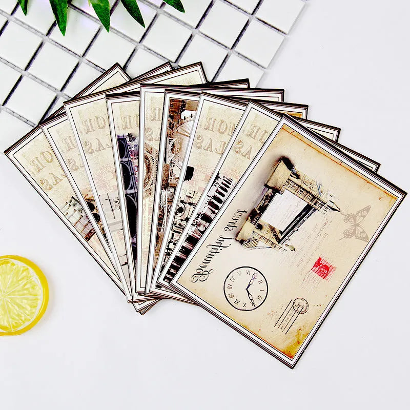 Nine Japanese-style postcards showing historic sites in cartoon minimalist illustration style