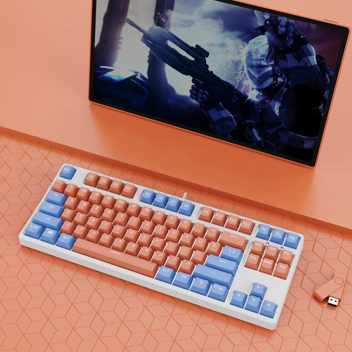 87-key wired mechanical keyboard with hot-swappable switches showing multiple colour combination options