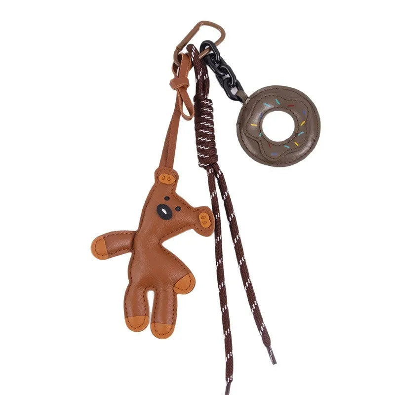 PU leather bear bag charm keychain with donut design in brown, pink, black, white, or rose red.