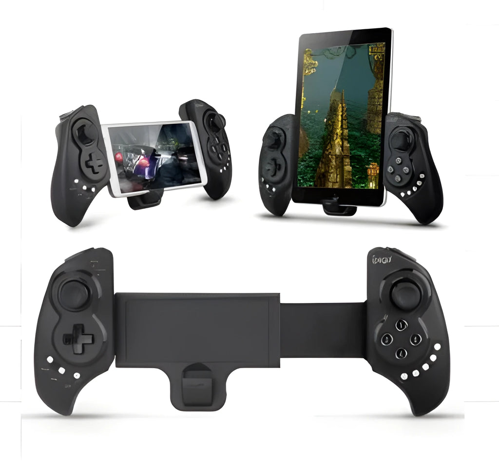 Black wireless Bluetooth controller with telescopic stand extended holding a smartphone in landscape orientation