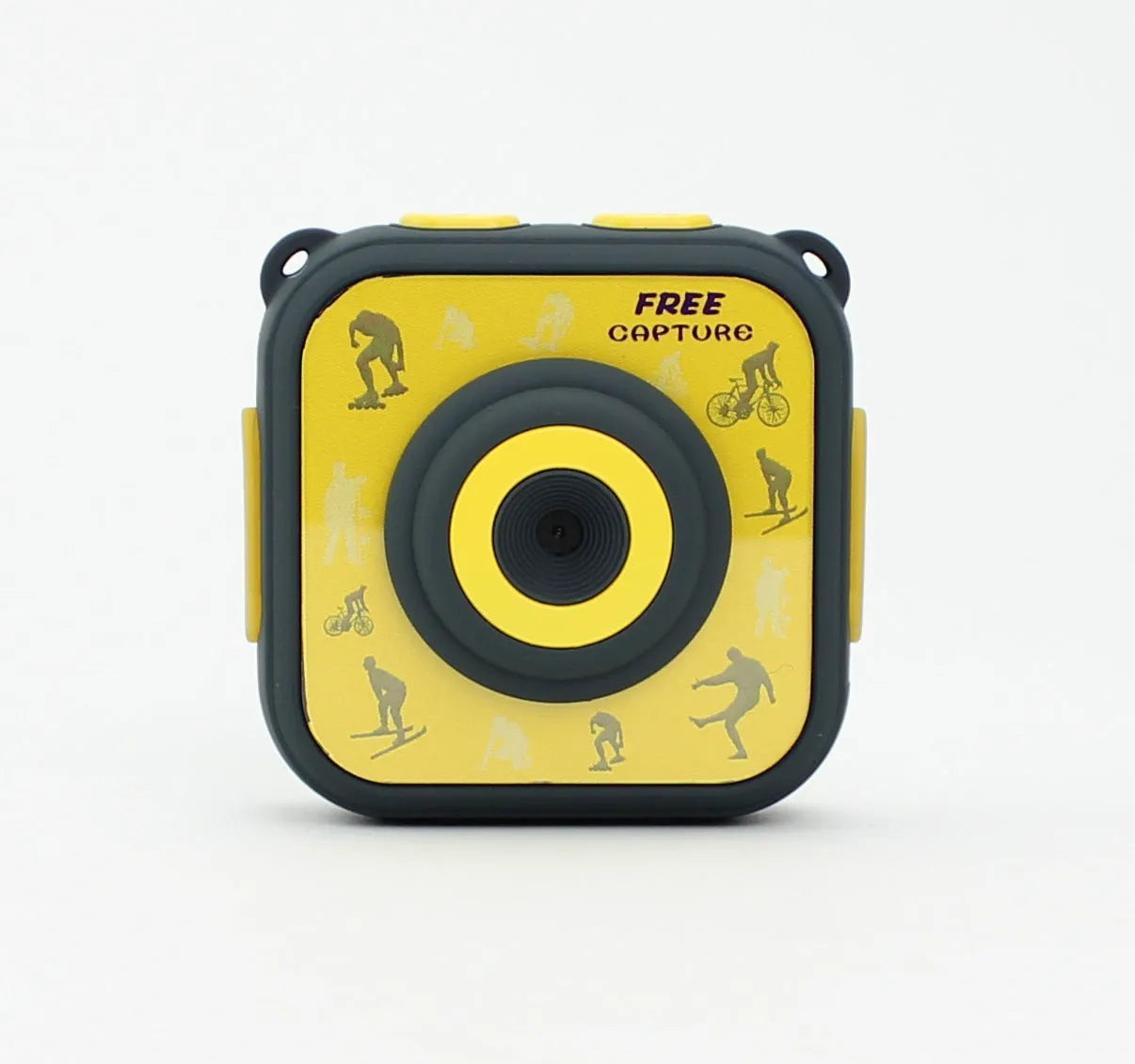 Yellow children's waterproof sports camera showing 1.77-inch LCD screen and compact 60mm design