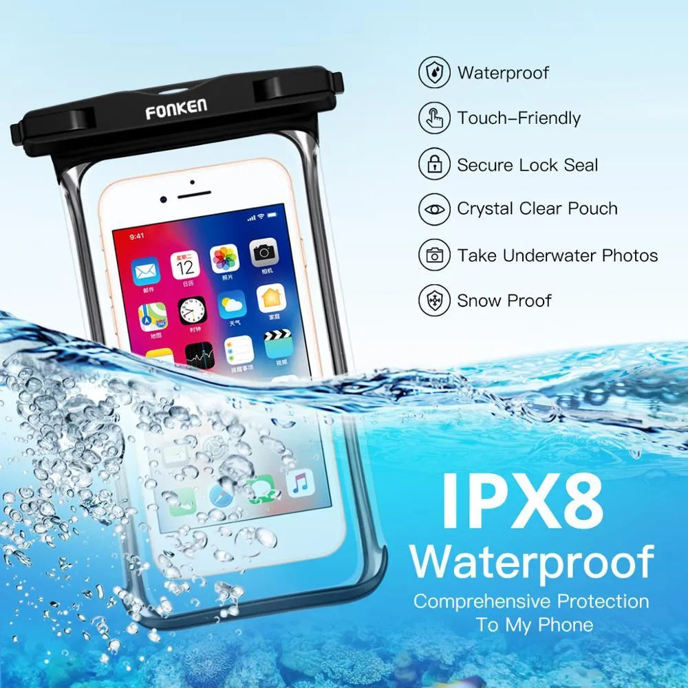 Waterproof phone pouch transparent front double ring seal 7 inch black blue green white