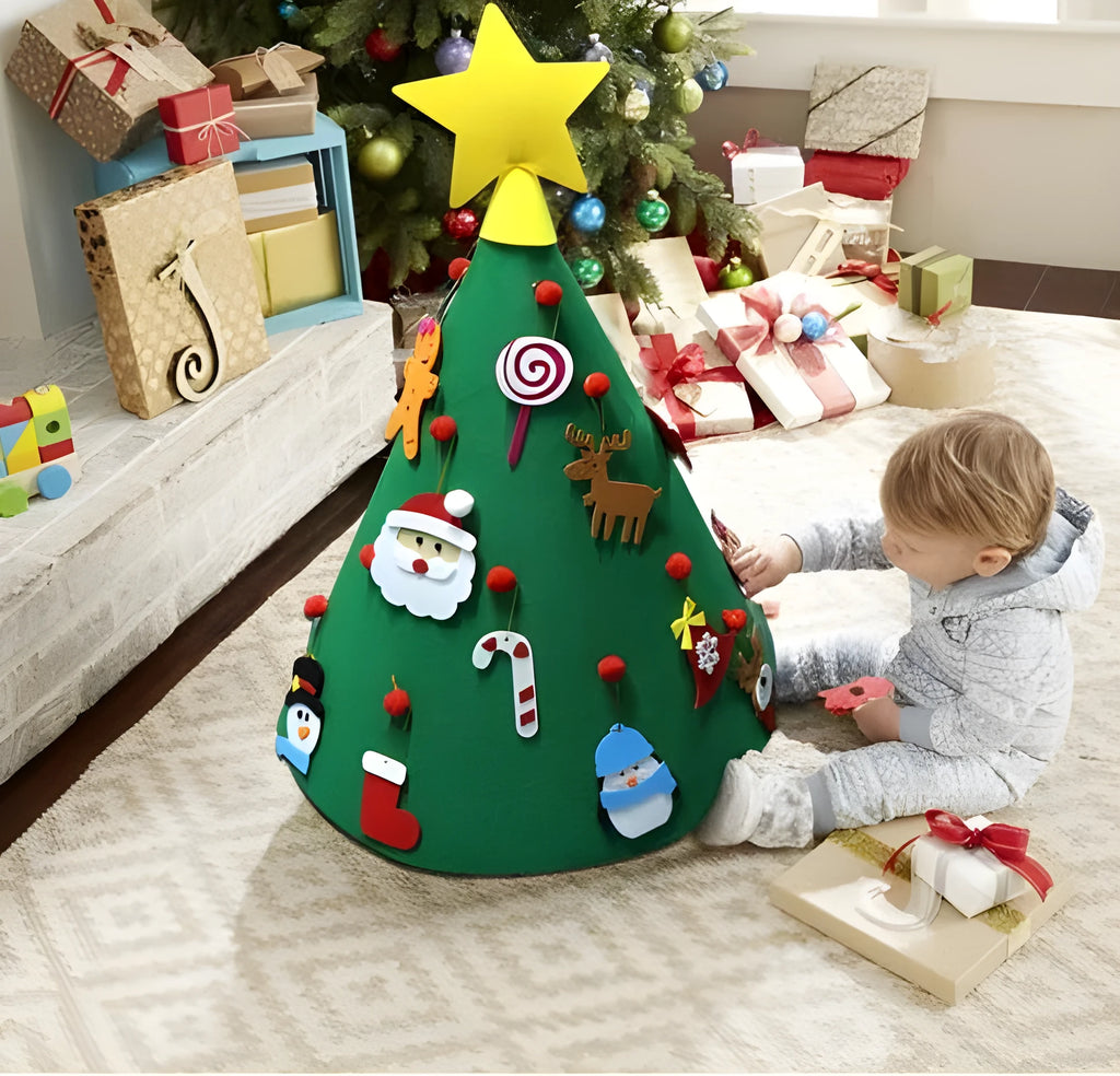 Felt Christmas tree three-dimensional craft set 50x60cm with felt ball ornaments on a white background