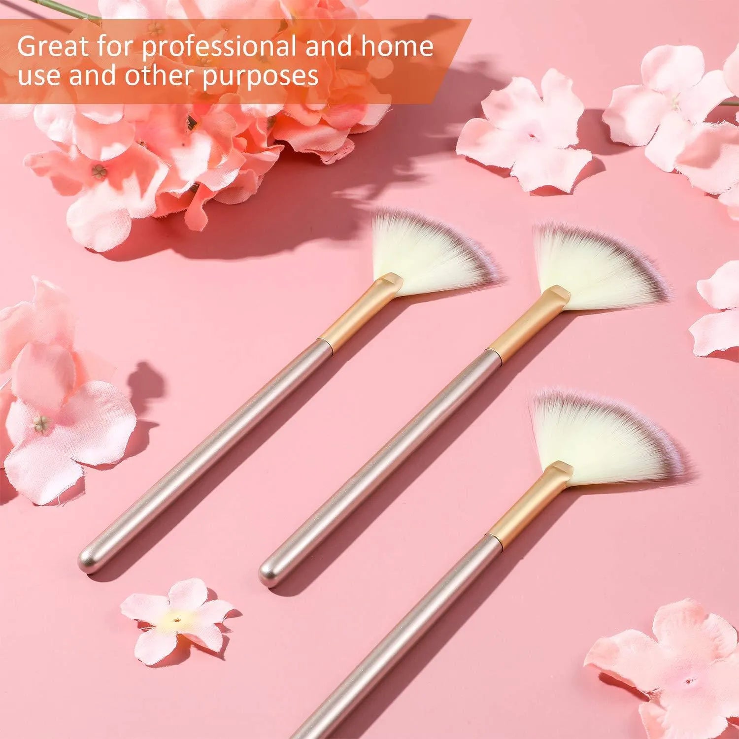 10 professional facial fan brushes with champagne handles and protective covers for makeup and skincare
