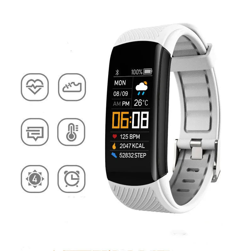 Black TPU sports pedometer bracelet with 0.96-inch screen displaying fitness metrics