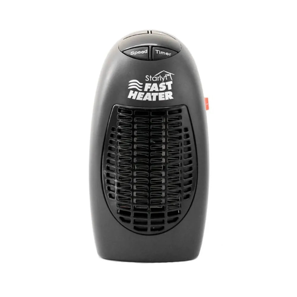 Black compact ceramic electric heater with digital display and rotating three-prong plug on a white background.
