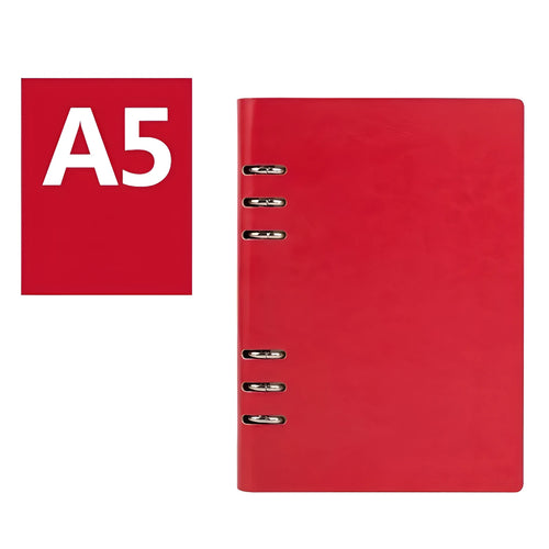 A5 loose-leaf business notebook with a black imitation leather cover, open to show beige paper.