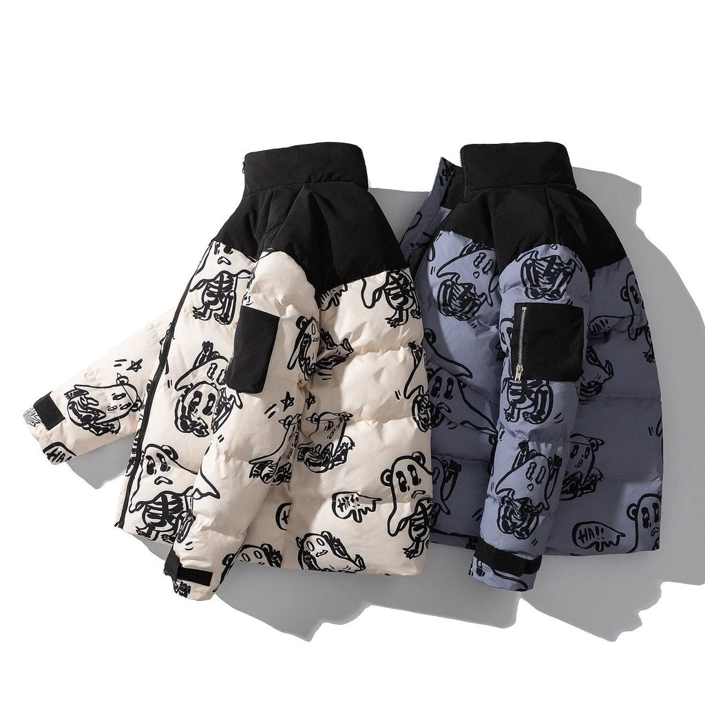 Korean style loose bread clothes winter men hooded jacket in beige or blue, thick polyester fill, sizes M to 4XL
