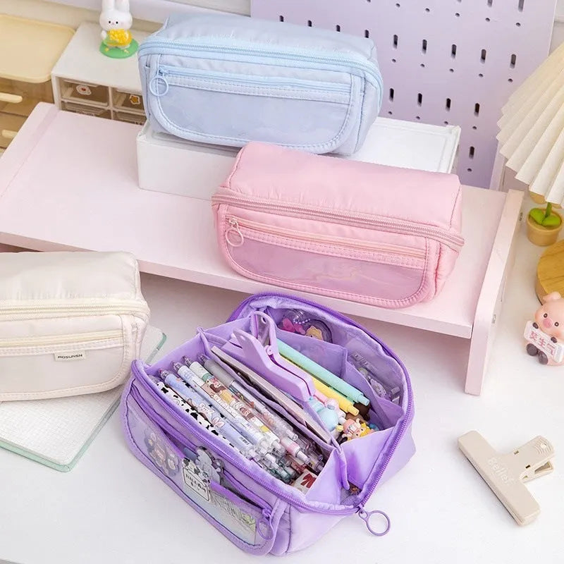 Korean-style ten-layer flip pencil case in canvas with multiple compartment storage