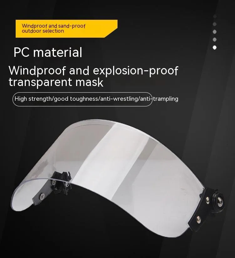 Transparent polycarbonate helmet visor with guide rail mount for face protection