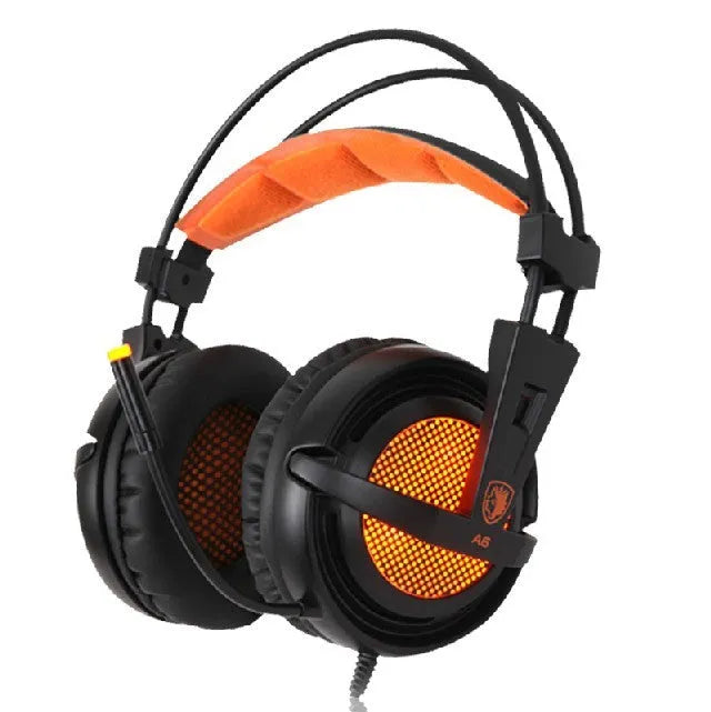 Black and white 7.1 USB gaming headset with LED lights on ear cups and padded headband.