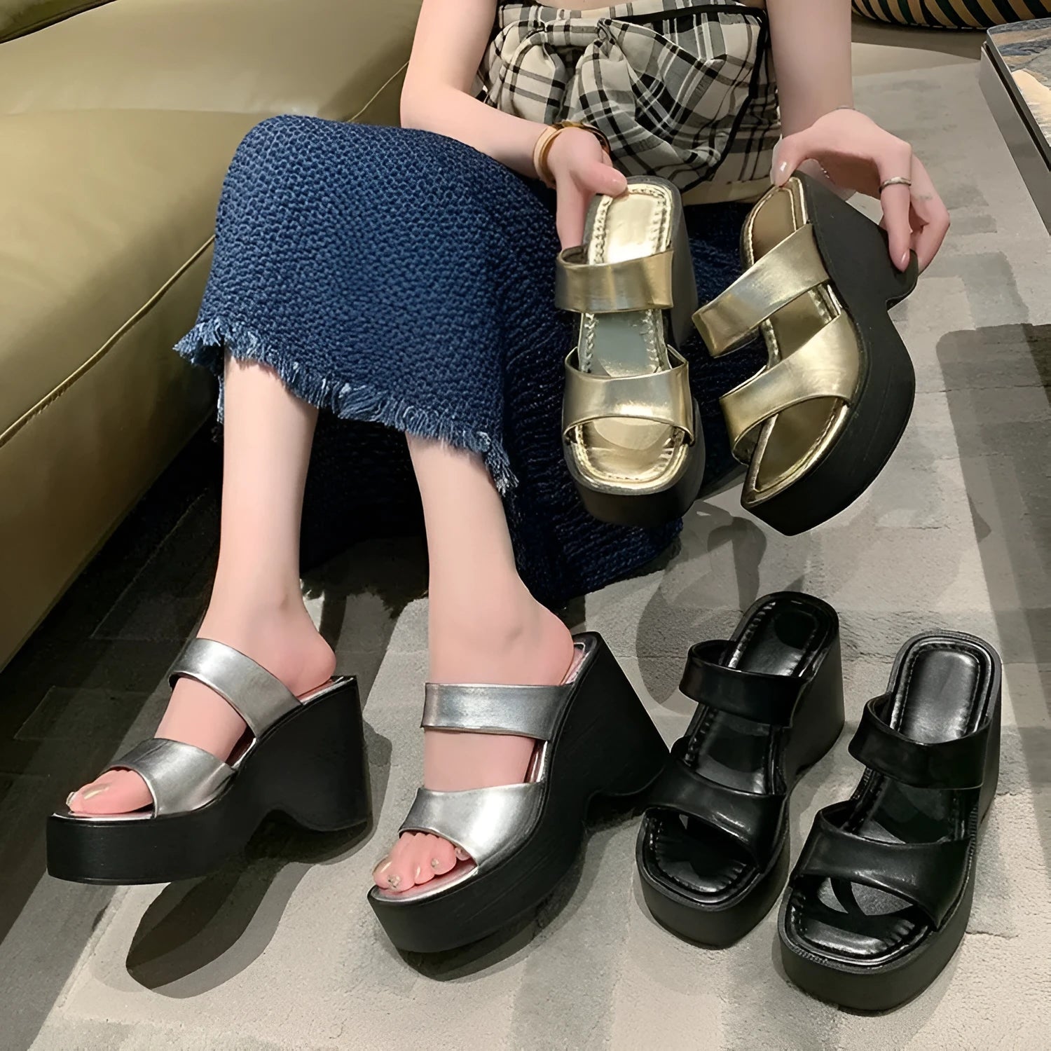 Women's black wedge platform slippers with square toe design on grey background