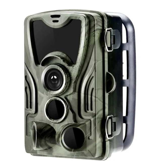 Green cellular trail camera with lens display showing 16MP resolution and 65ft night vision specifications
