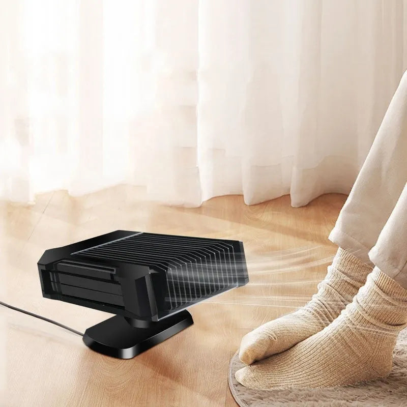 Black ABS plastic 12V car heater defroster with cigarette lighter plug for windscreen defrosting and summer fan use.