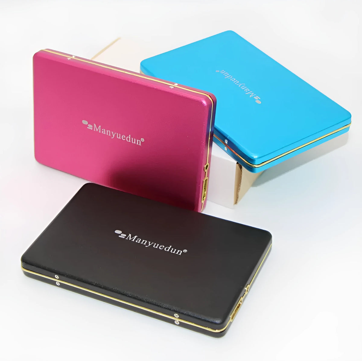 Ultra-thin mobile hard disk 2.5-inch metal external drive in black, blue, and rose red with USB cable