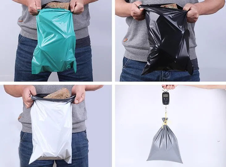 Bundle of 100 white PE courier bags with adhesive sealing strip, showing size options.